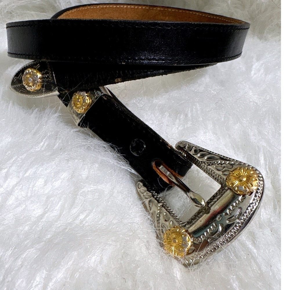 Belt‎ Womens 32 Vintage Retro Western Boho Black Leather Silver Gold Buckle